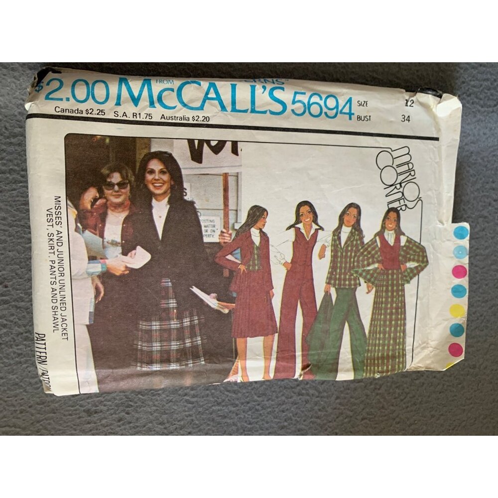 Vintage 70s McCalls 5694 Sewing Pattern Jacket Vest Skirt Pants Shawl Size 12